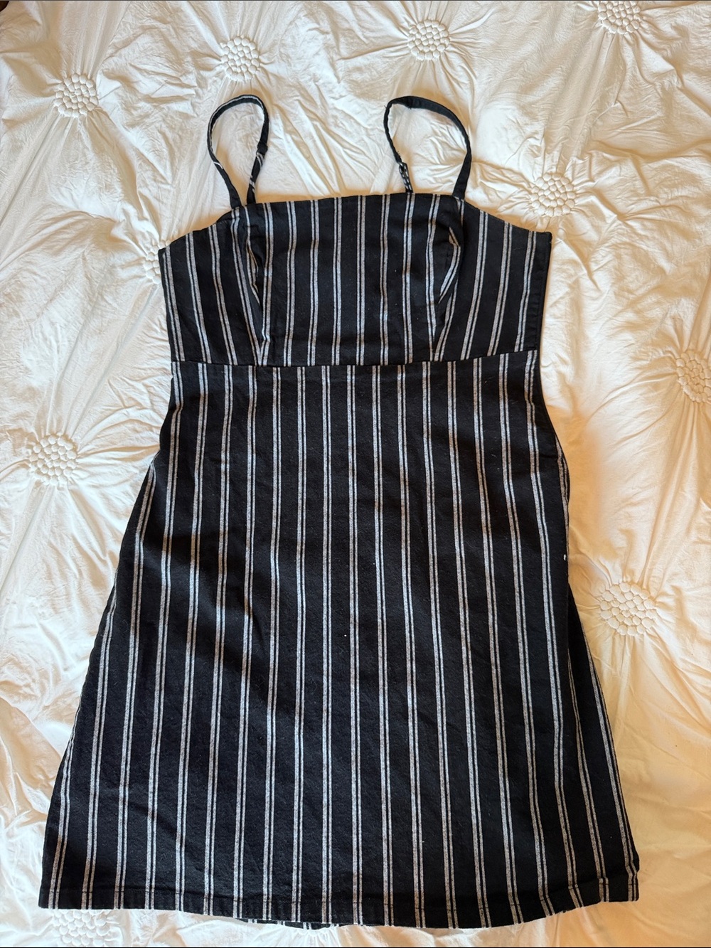 Hollister Black Dress with White Pinstripes. Side zipper & adjustable straps. S